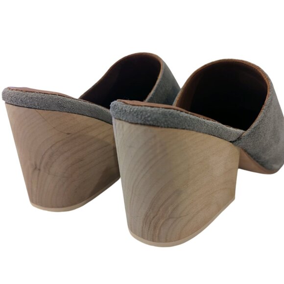 CERI HOOVER Miller Mule 7 Wood Heel Hand-Carved Gray Suede Leather Upper - Picture 6 of 13